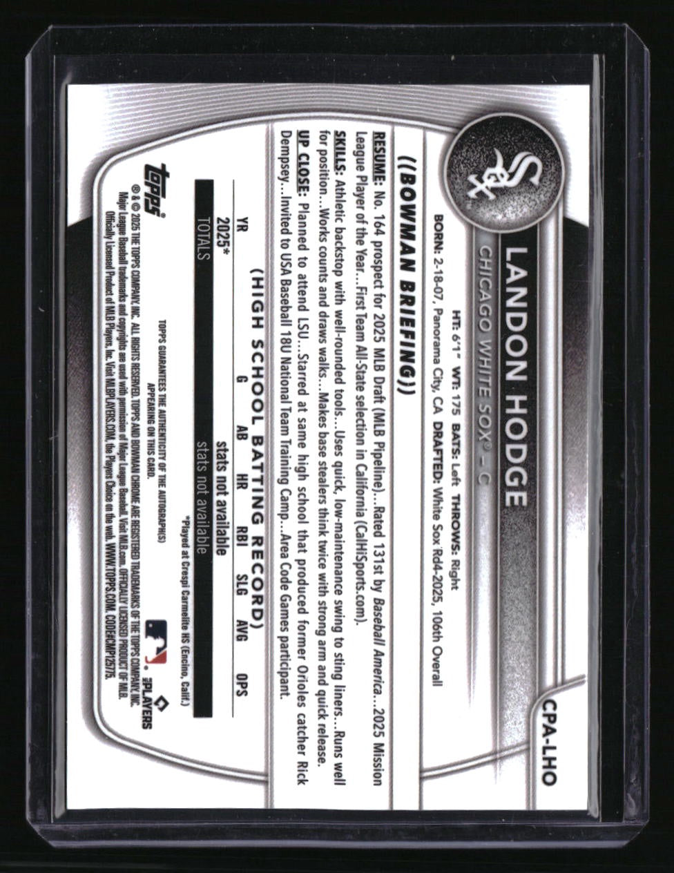 2025 Bowman Draft Landon Hodge Chrome Prospect Autographs Blue Refractor #/150