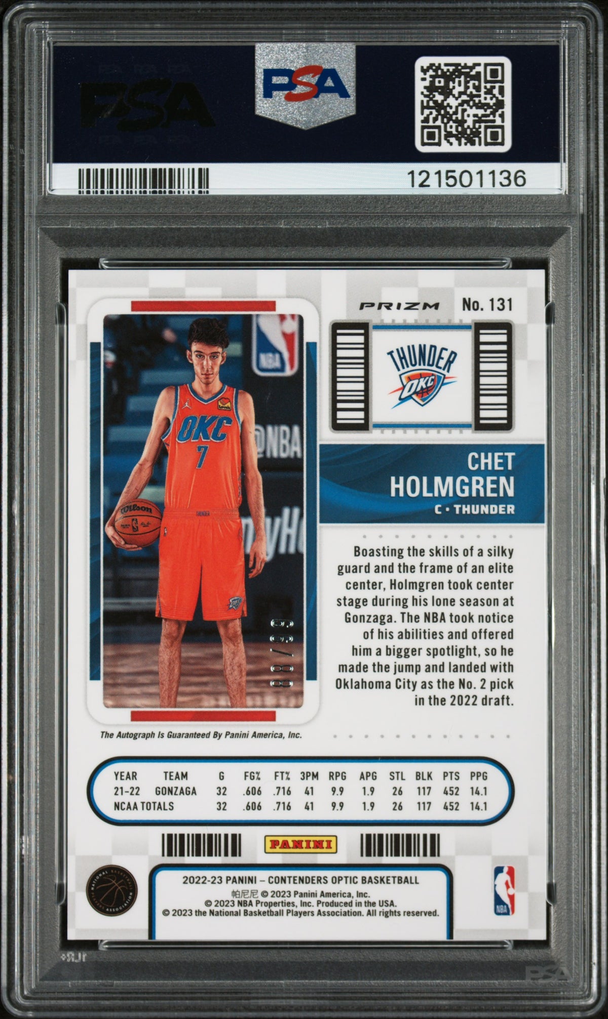 2022 Panini Contenders Optic Chet Holmgren Autograph-Red PSA 7