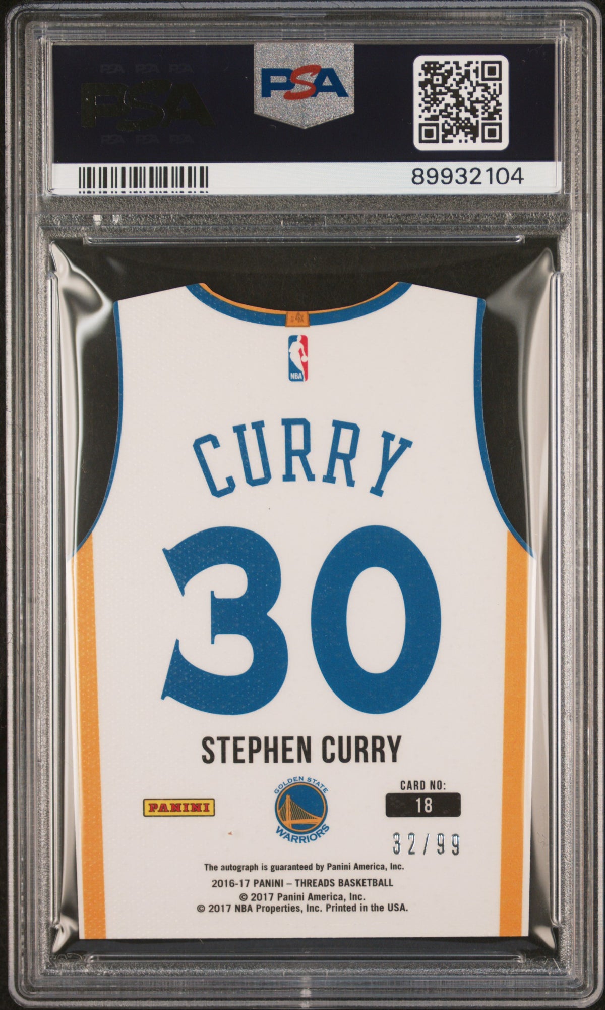 2016 Panini Threads Team Threads Die-Cut Stephen Curry D/C-Auto. PSA 10