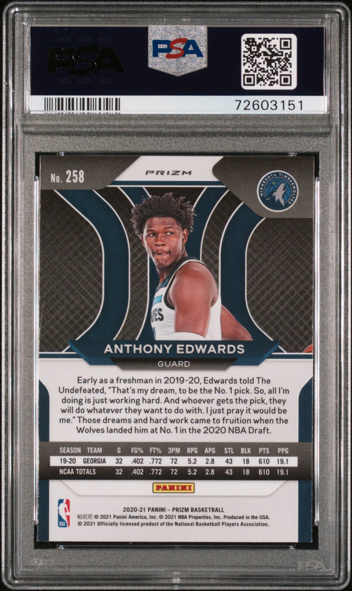 2020 Panini Prizm Anthony Edwards Silver Prizm PSA 9