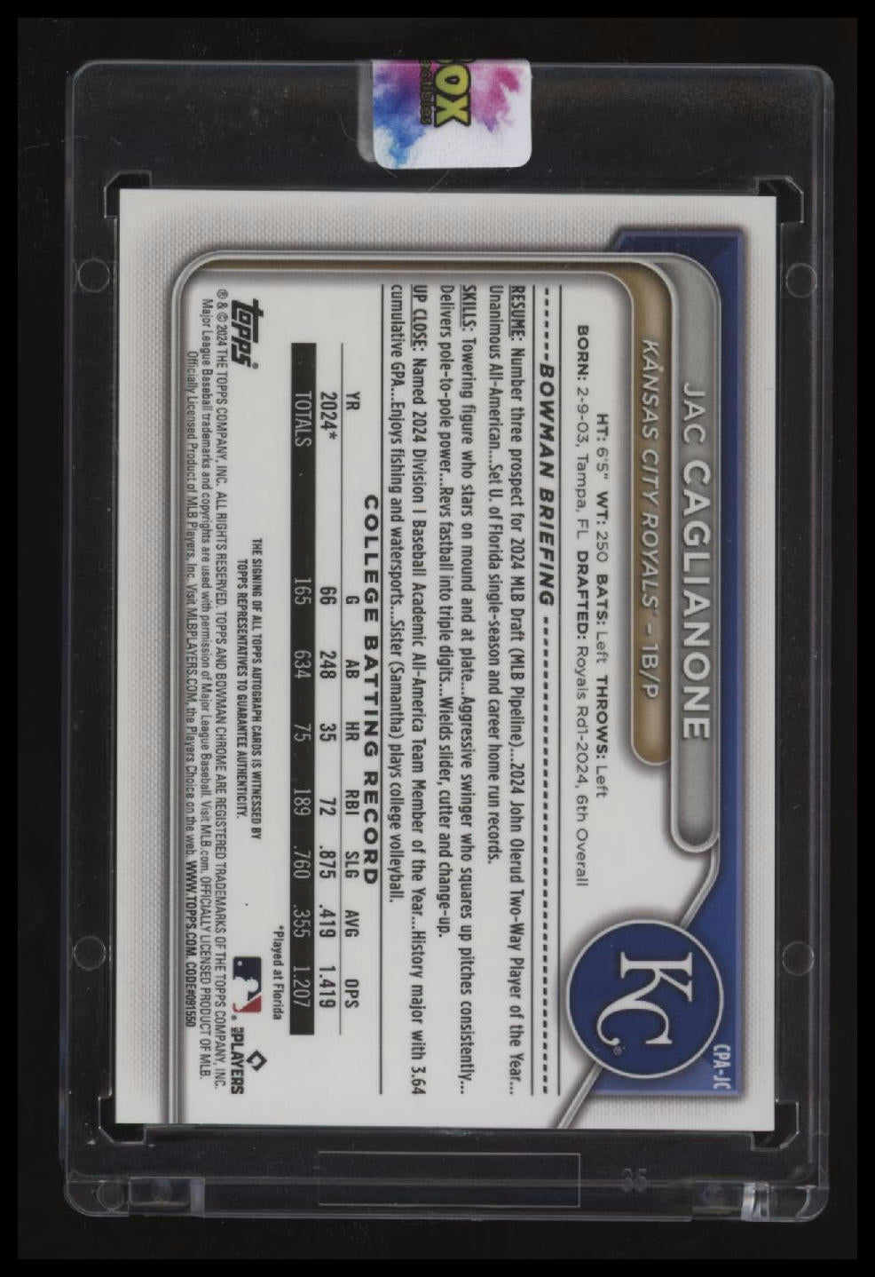 2024 Bowman Draft Jac Caglianone Chrome Prospect Autographs