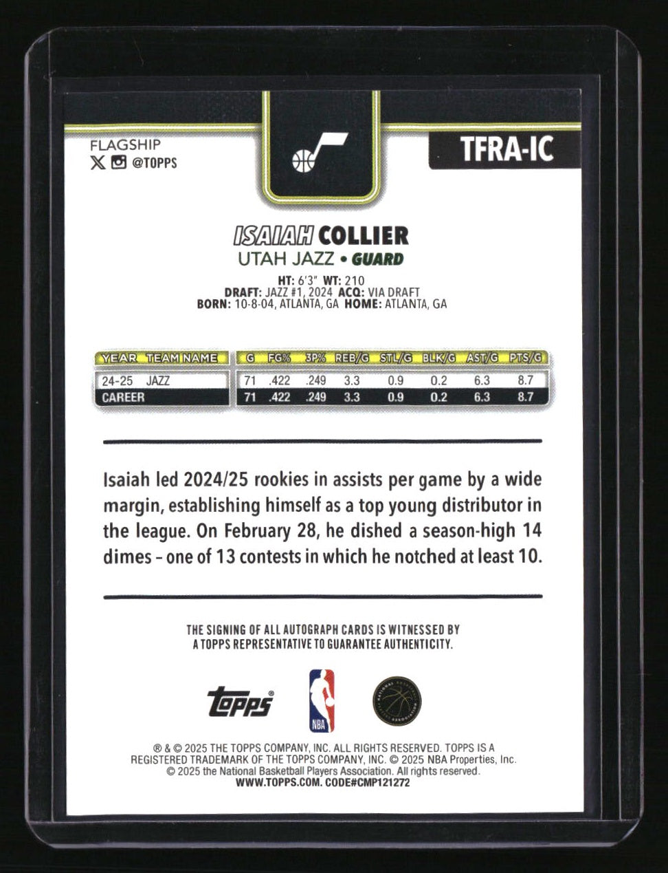 2025-26 Topps Isaiah Collier Flagship Real One Autographs