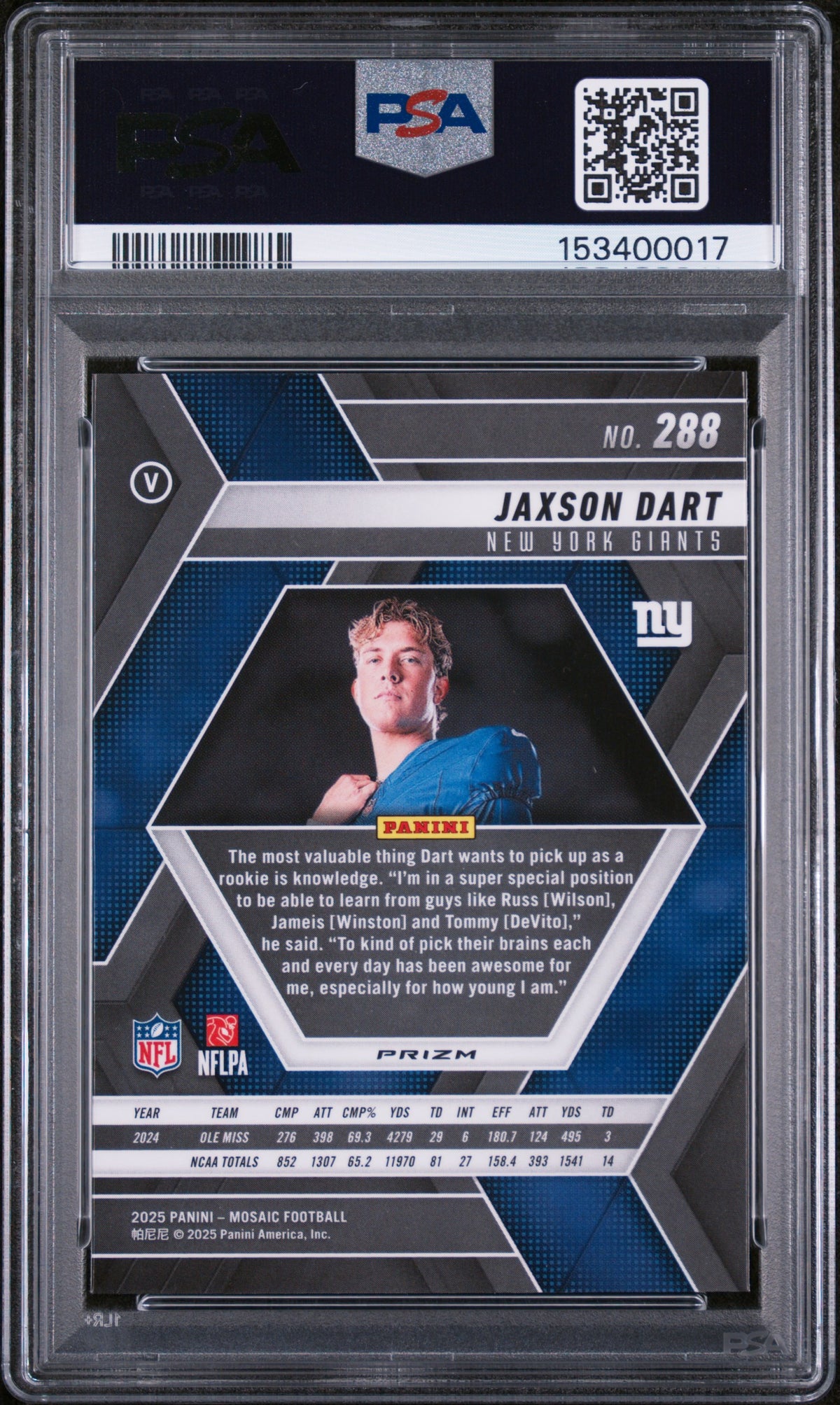 2025 Panini Mosaic Jaxson Dart Green PSA 10