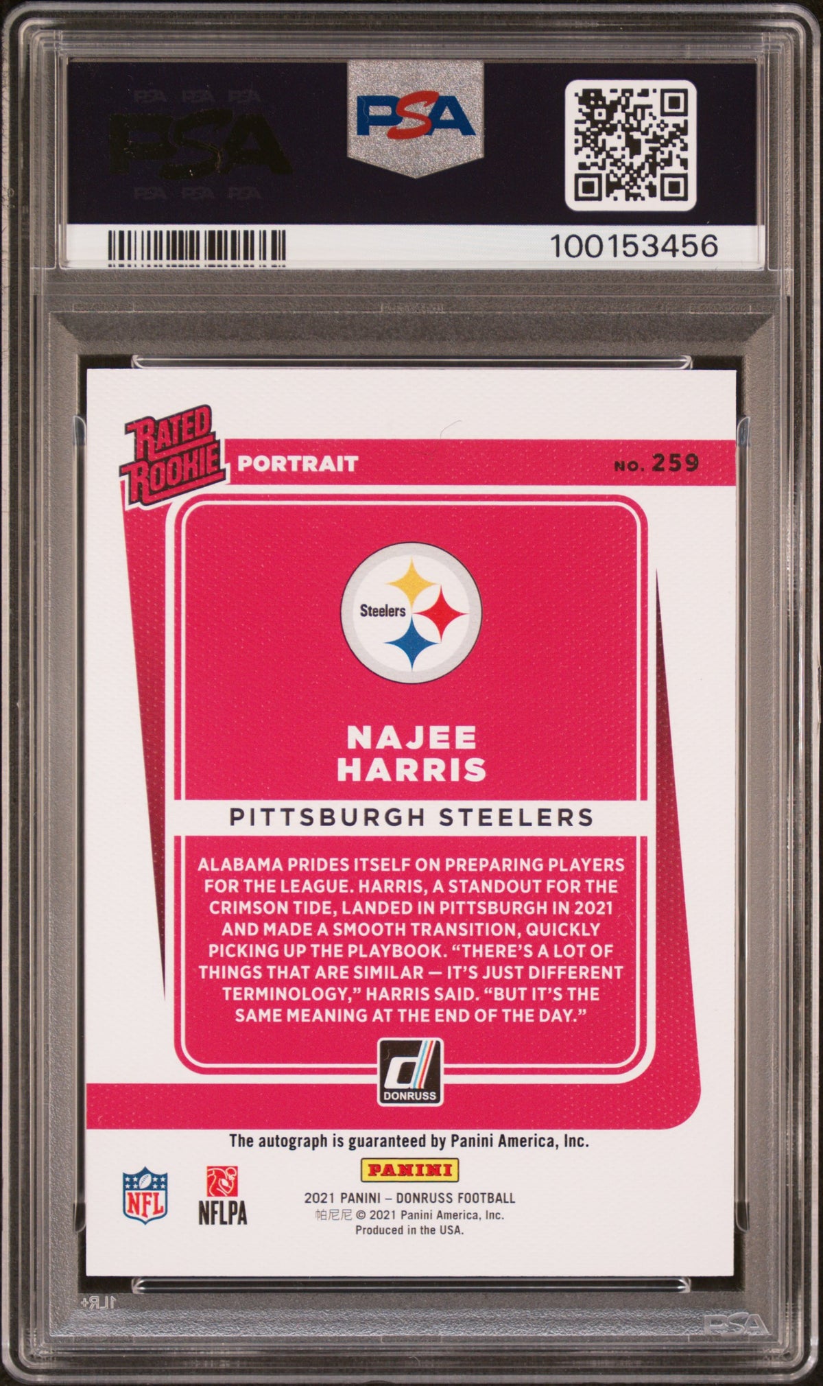 2021 Panini Donruss Najee Harris Portrait-Autograph PSA 10