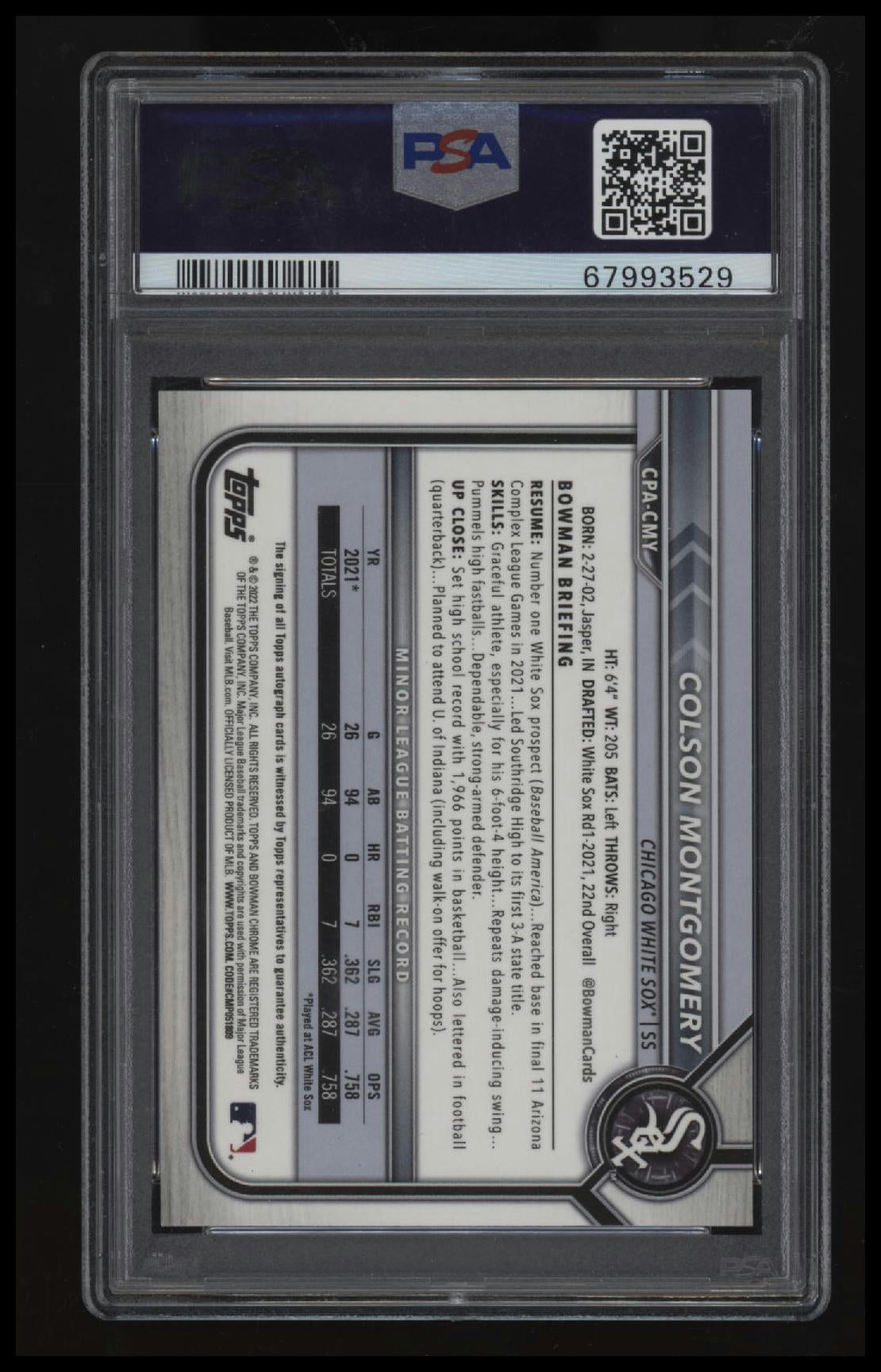 2022 Bowman Chrome Prospect Autographs Colson Montgomery PSA 9