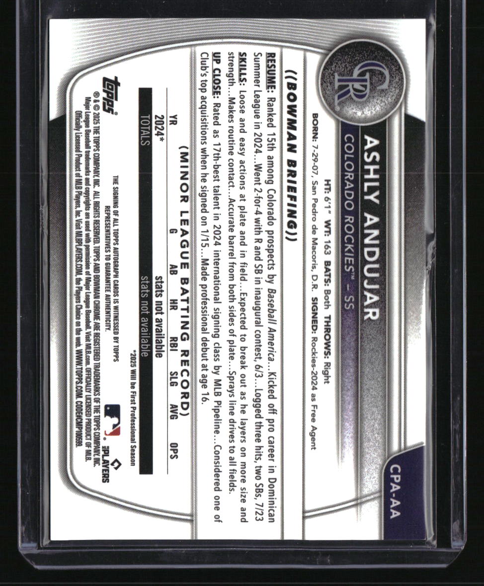 2025 Bowman Ashly Andujar Chrome Prospect Autographs Purple Refractor #/250