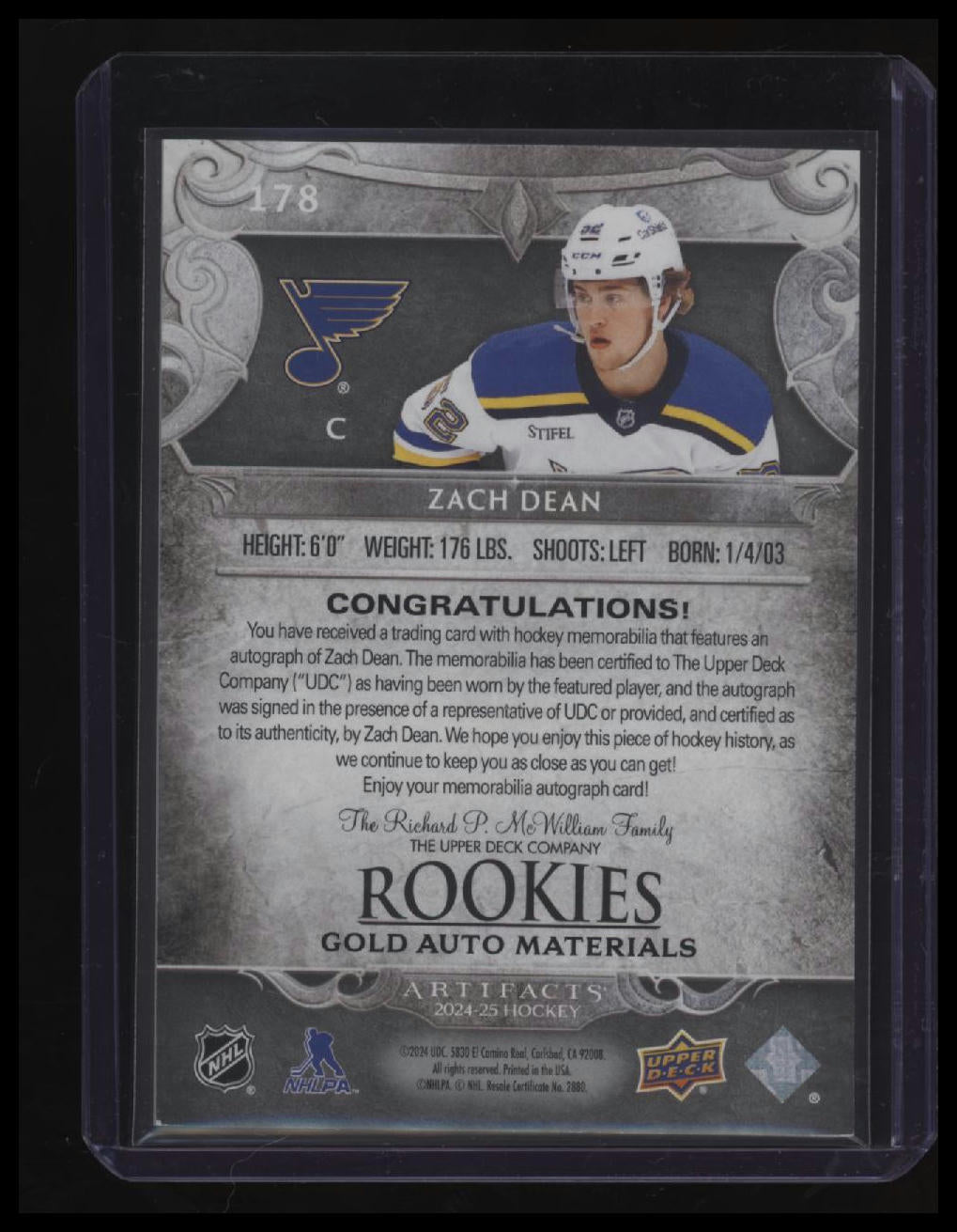 2024-25 Upper Deck Artifacts #178 Zach Dean Auto Material Gold #/99