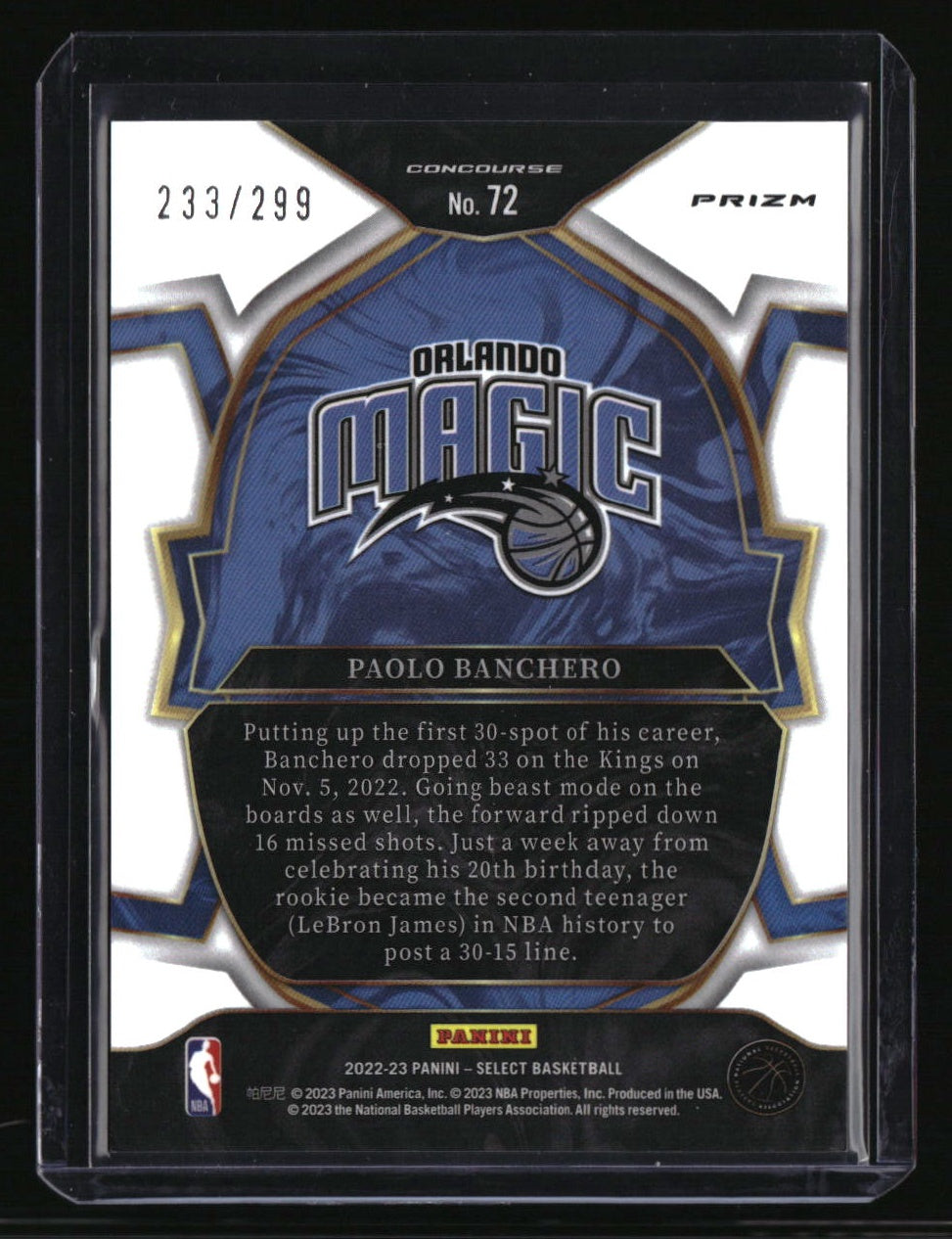 2022-23 Panini Select Paolo Banchero Light Blue Prizms #/299