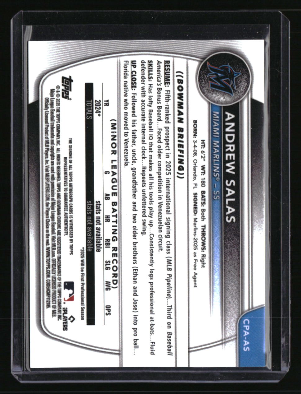 2025 Bowman Chrome Andrew Salas Prospect Autographs Green #/99