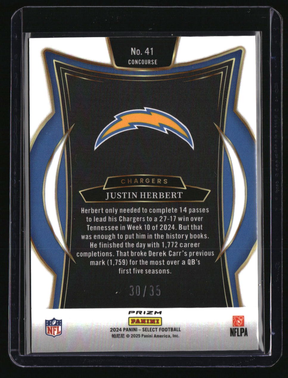 2024 Panini Select Justin Herbert Blue & Orange Prizm Shock #/35