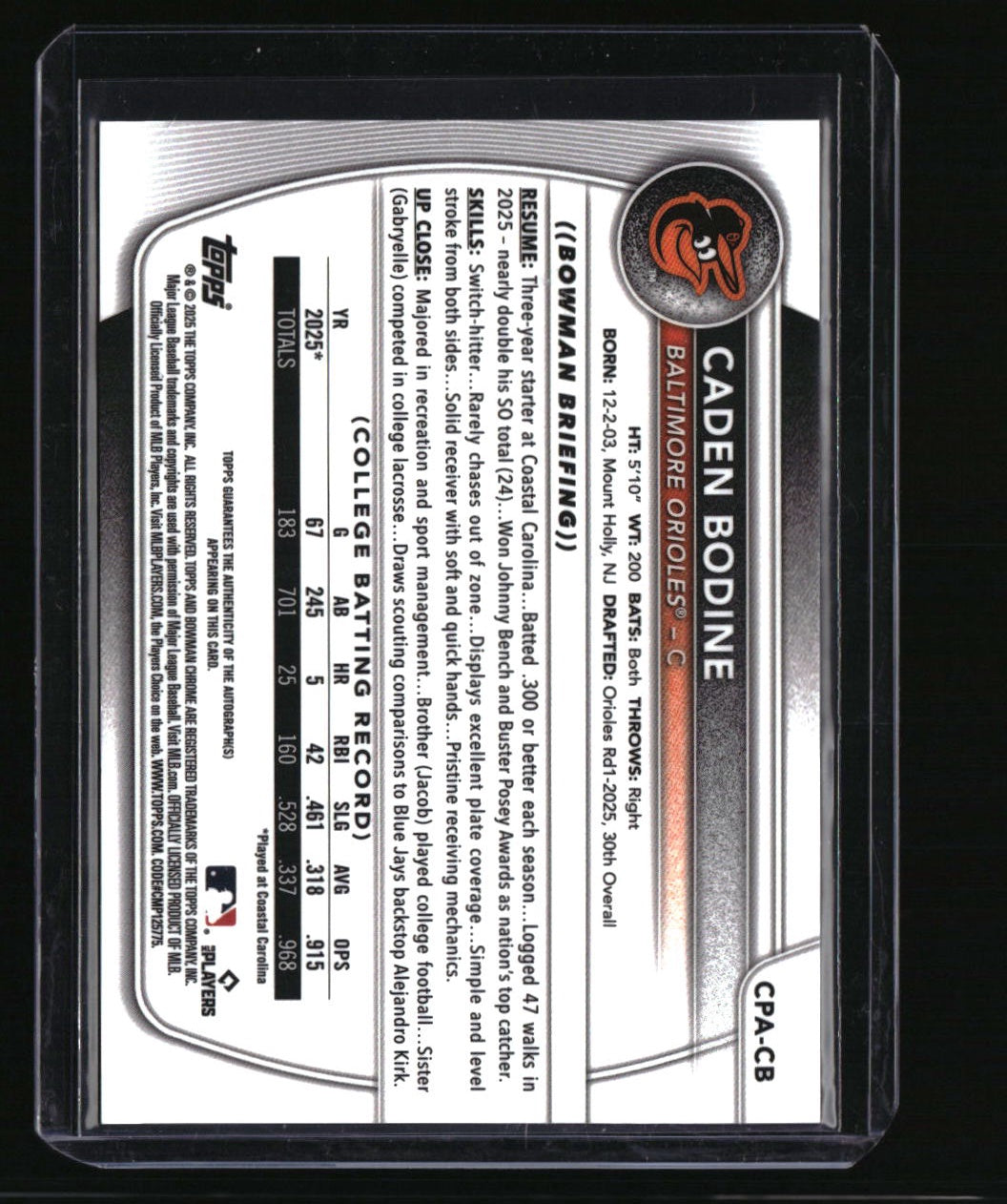 2025 Bowman Draft Sapphire Edition Caden Bodine Chrome Prospect Autographs #/199