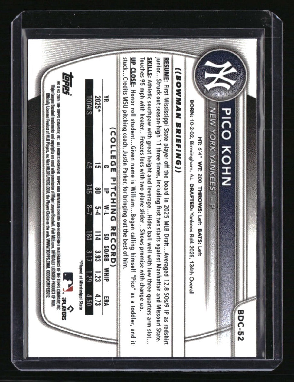 2025 Bowman Draft Pico Kohn Chrome Blue Refractor #/150
