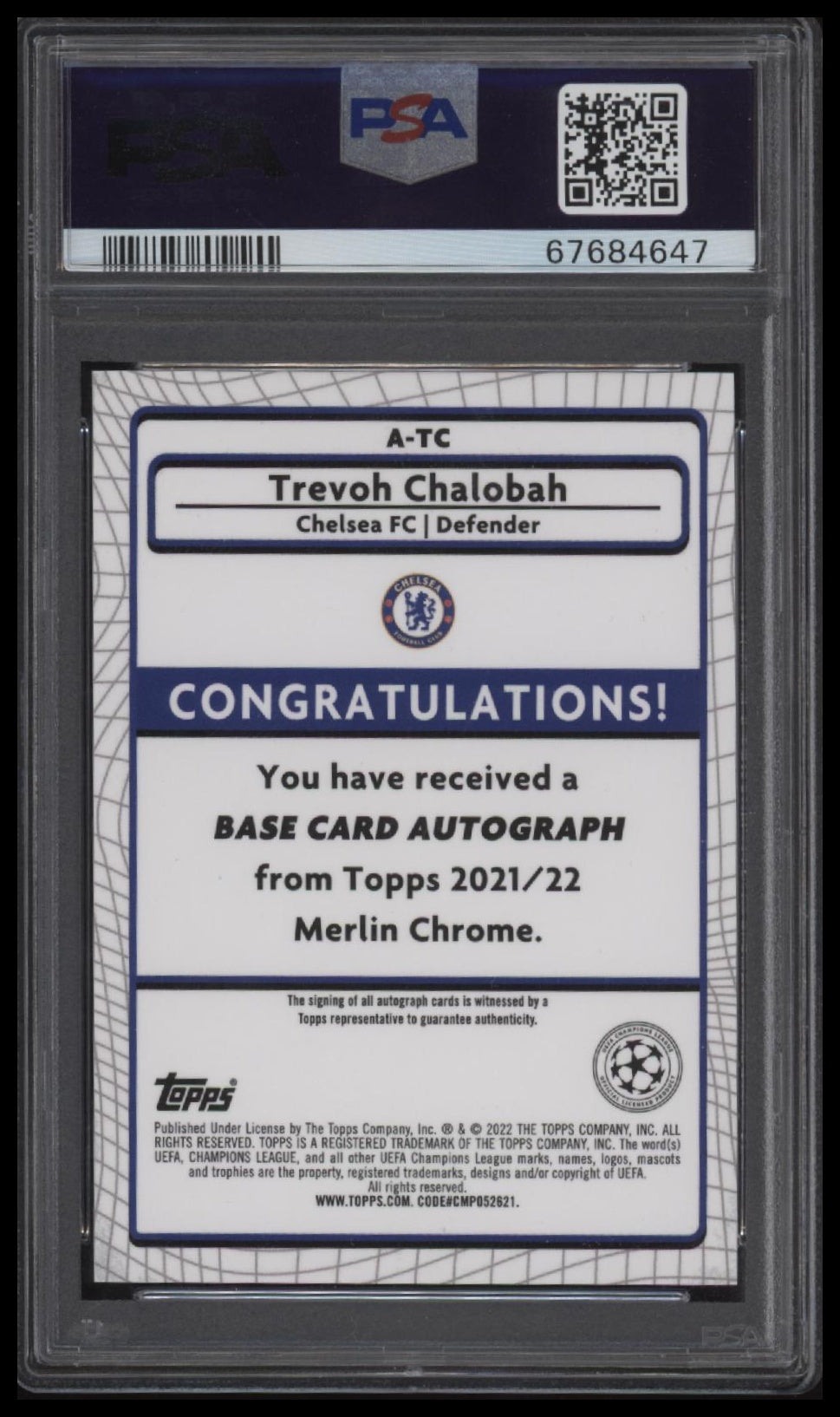 2021-2022 Topps Merlin Chrome #TC Trevoh Chalobah Autograph PSA 10