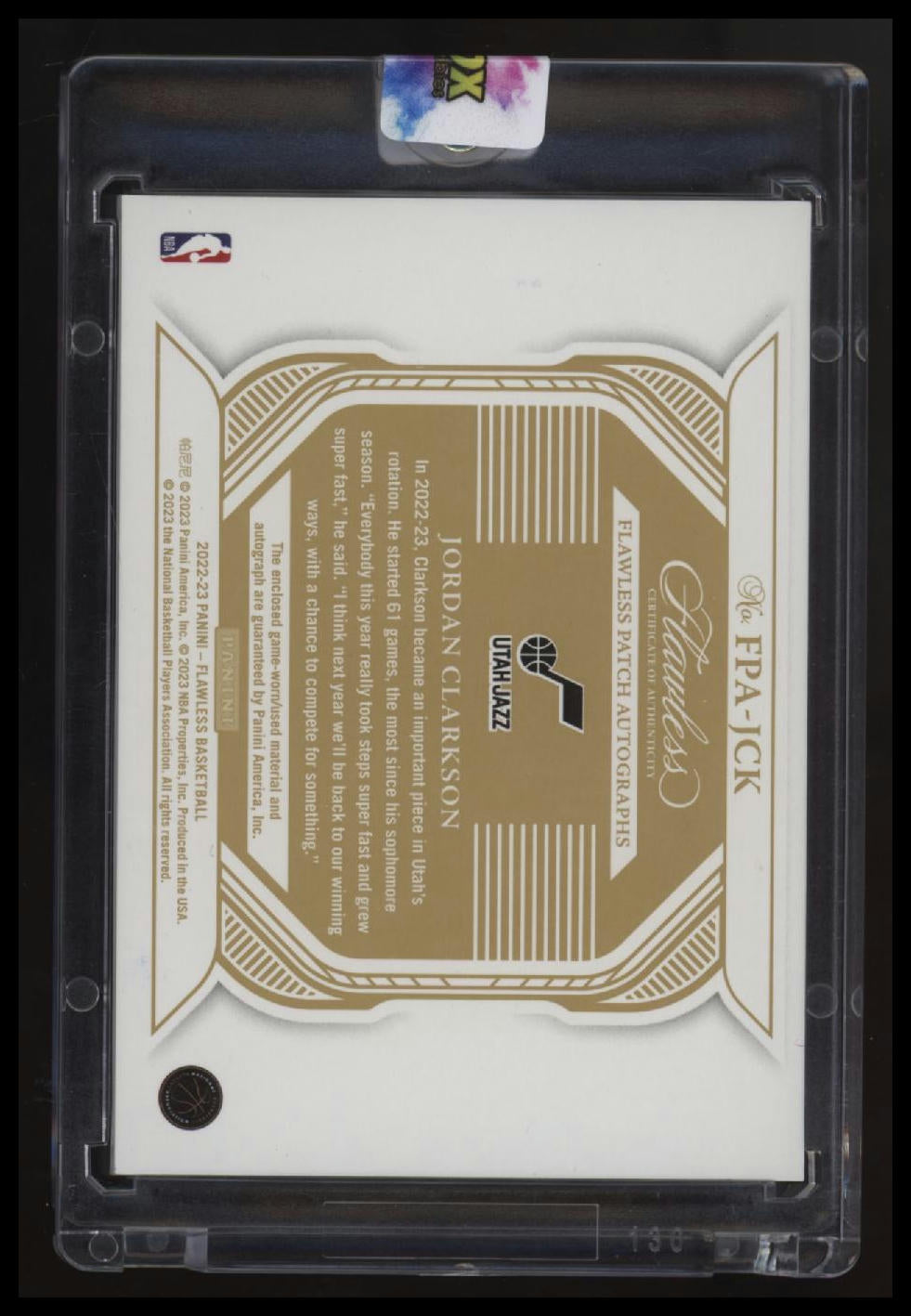 2022-23 Panini Flawless Jordan Clarkson Patch Auto Gold #/10 First On Print