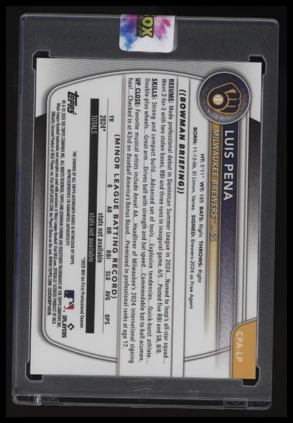 2025 Bowman Luis Pena Chrome Prospect Autographs Blue X-Fractor #/150