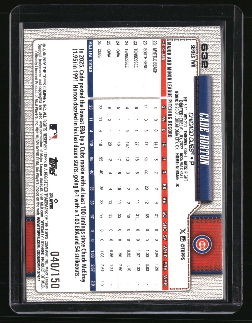 2026 Topps Cade Horton Blue Rainbow Foil #/150