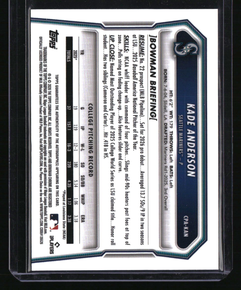 2026 Bowman Kade Anderson Chrome Prospect Autographs