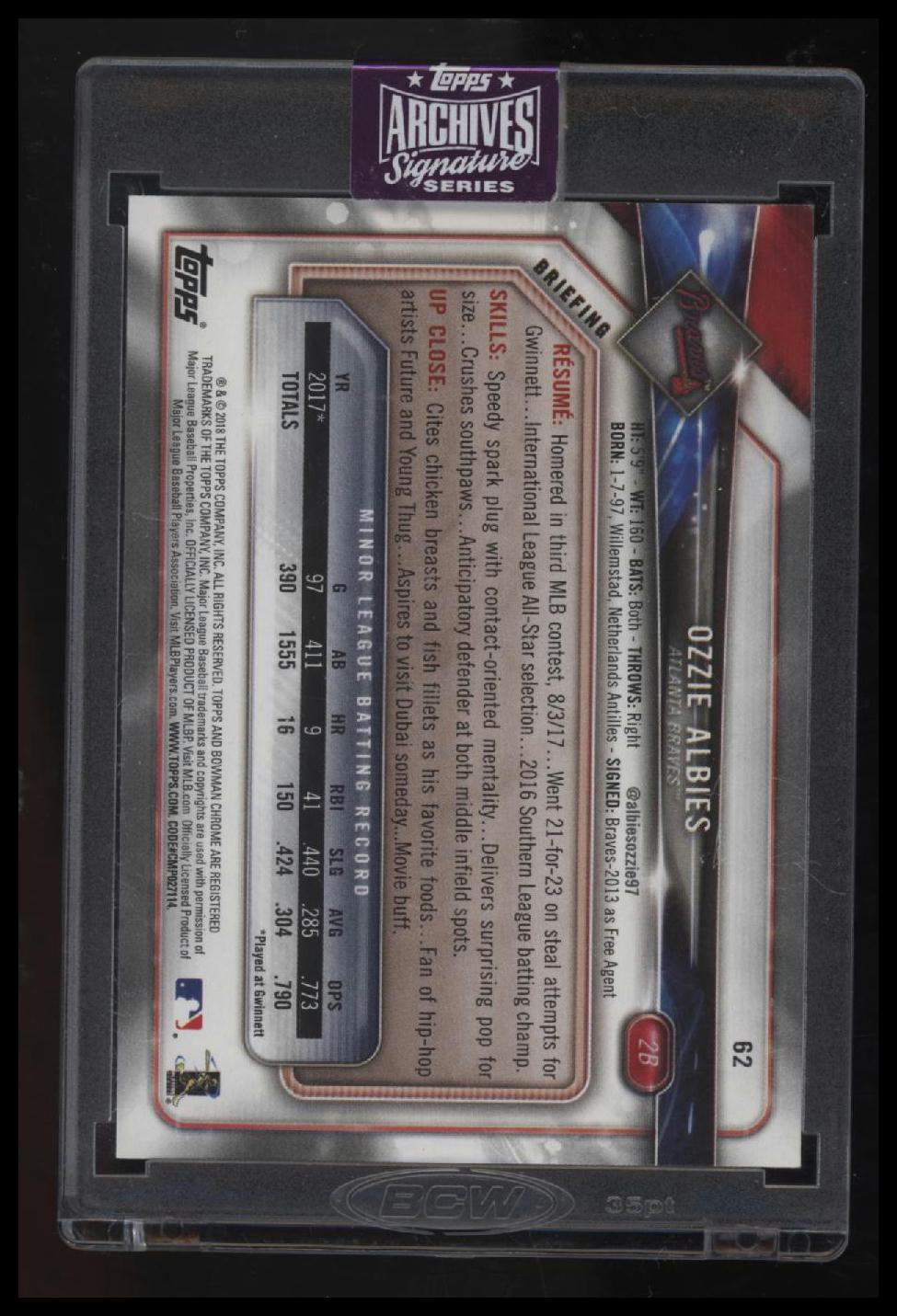 2025 Topps Signature Series Certified Autographs Ozzie Albies #/50 2018 Bowman