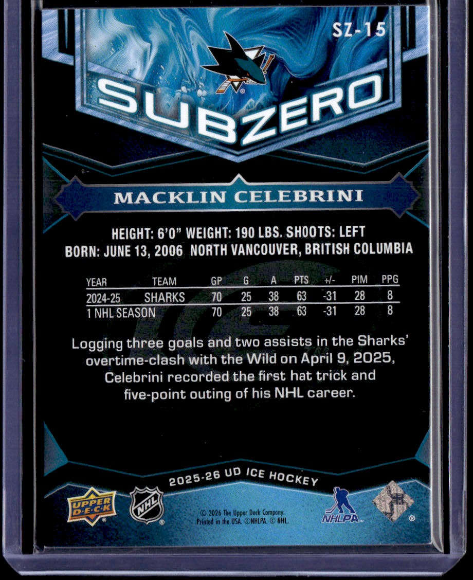 2025-26 Upper Deck Ice Macklin Celebrini Sub Zero #/399