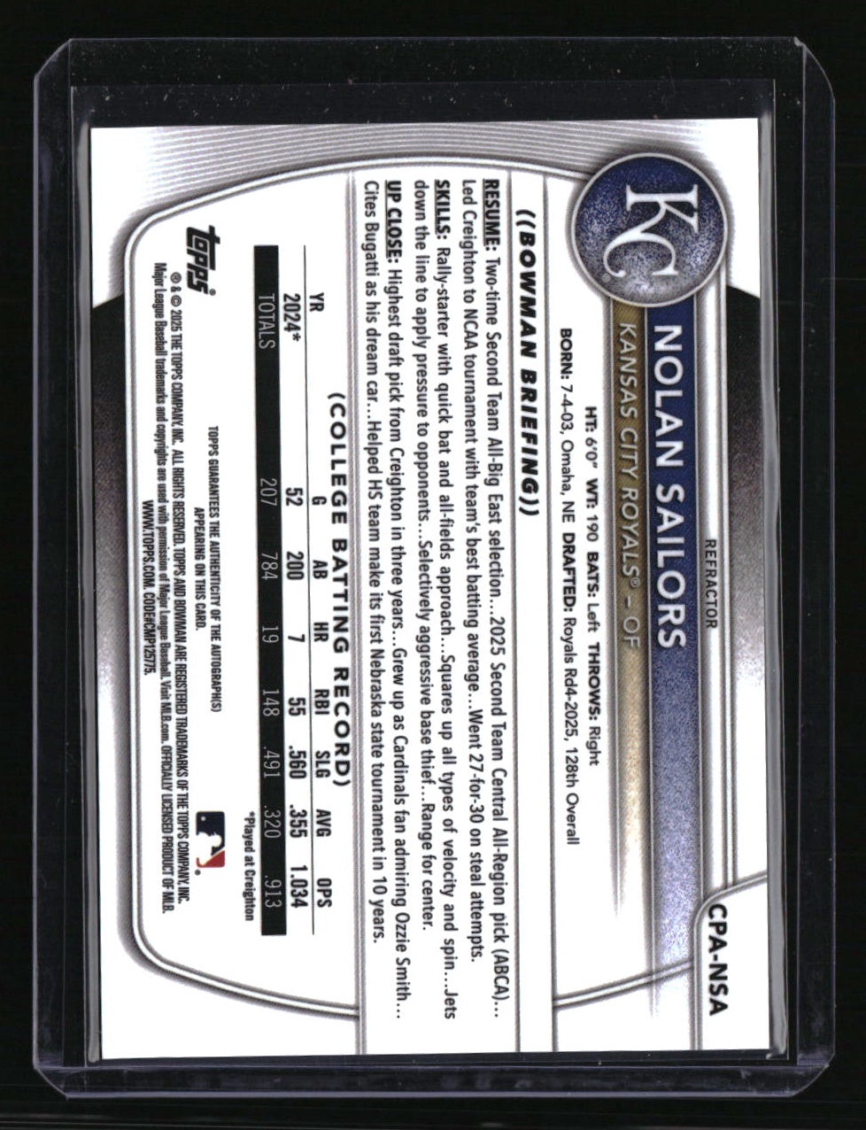 2025 Bowman Draft Nolan Sailors Chrome Prospect Autographs Refractor #/499