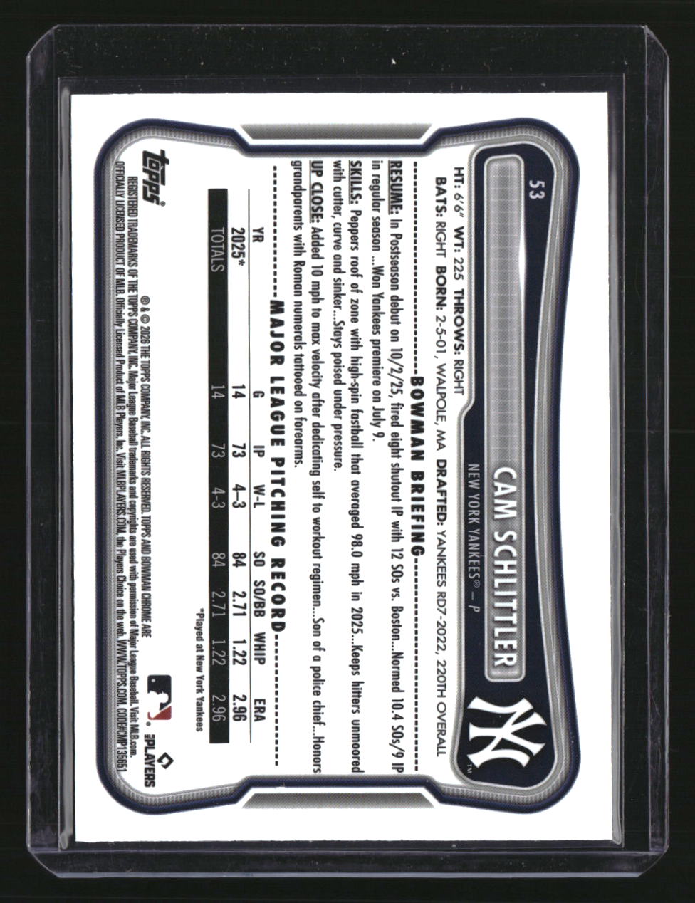 2026 Bowman Cam Schlittler Chrome Mojo Aqua Refractors #/125