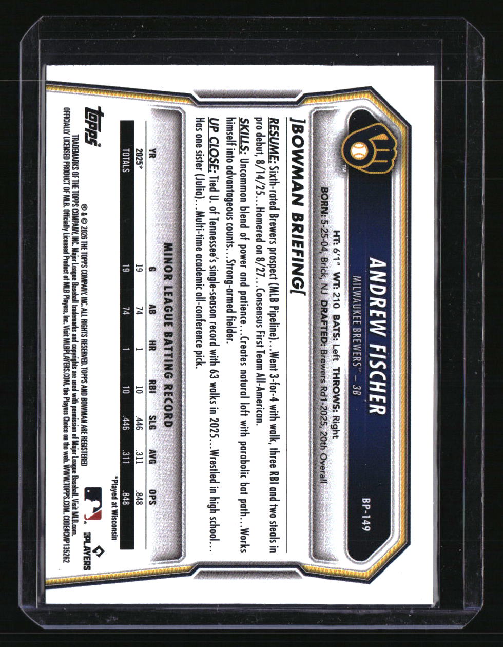 2026 Bowman Andrew Fischer Prospects Fuchsia #/299