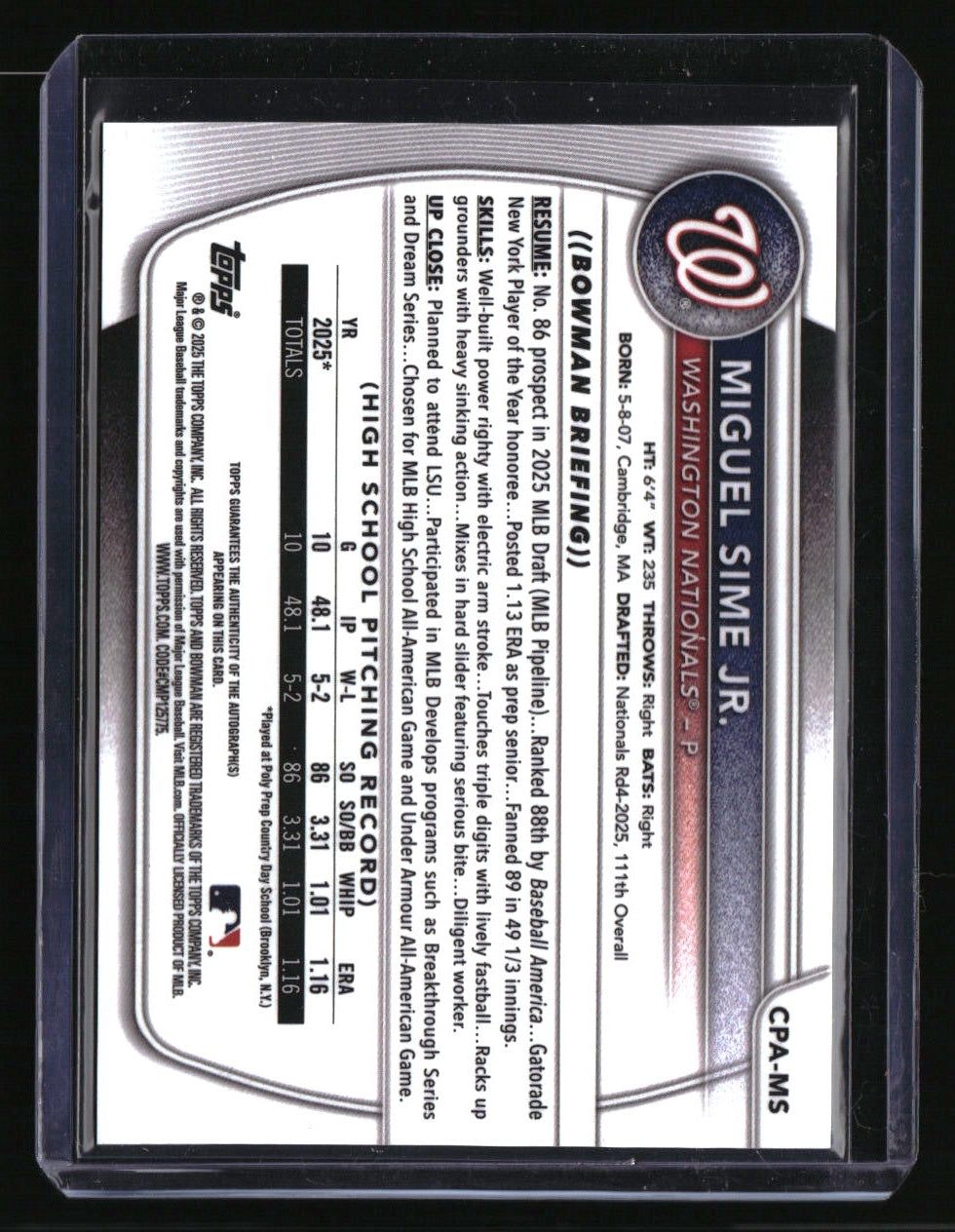 2025 Bowman Draft Miguel Sime Jr. Chrome Prospect Autographs