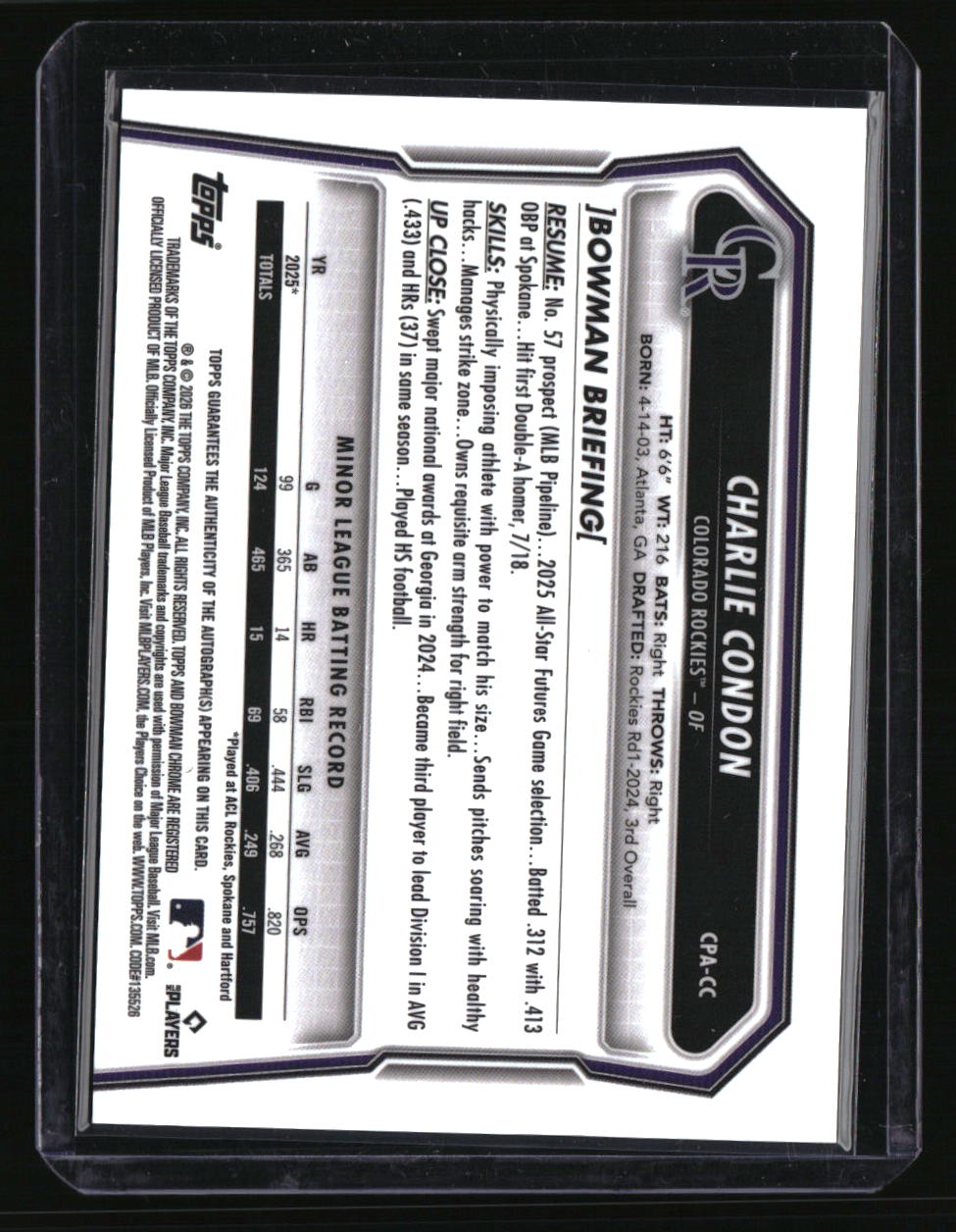 2026 Bowman Charlie Condon Chrome Prospect Autographs Green Lava Refractors #/99