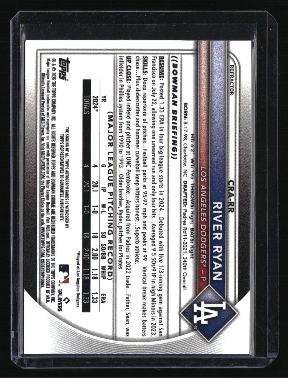 2025 Bowman Chrome River Ryan Rookie Autographs Refractor #/499