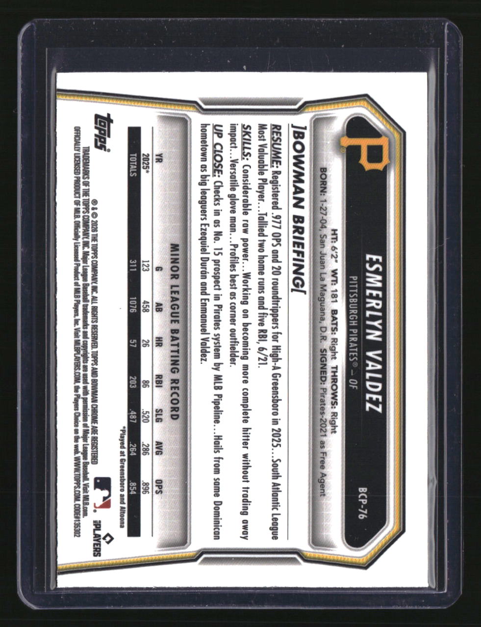 2026 Bowman Esmerlyn Valdez Chrome Prospects Purple Geometric Refractor #/250