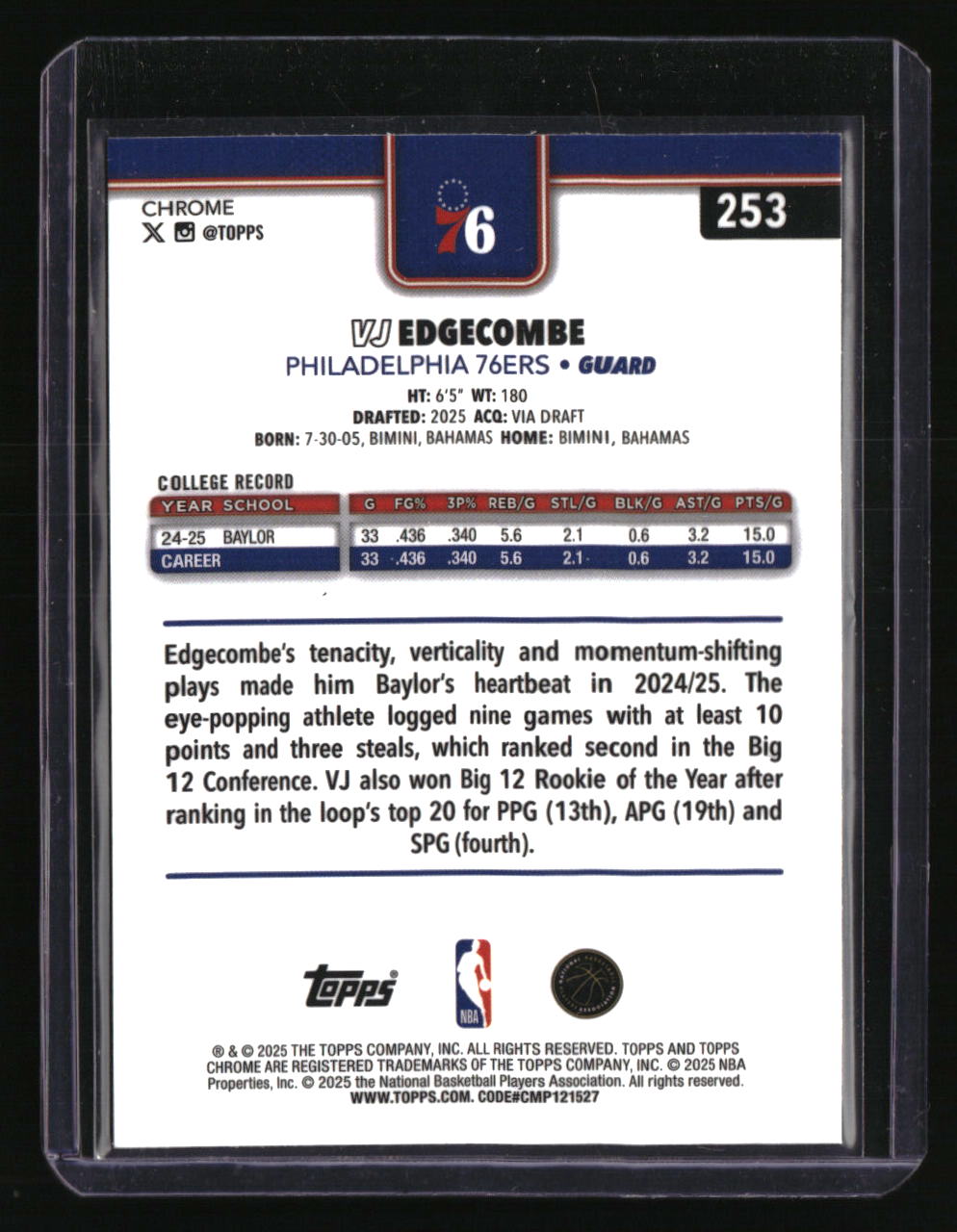 2025-26 Topps Chrome VJ Edgecombe Wave Refractor
