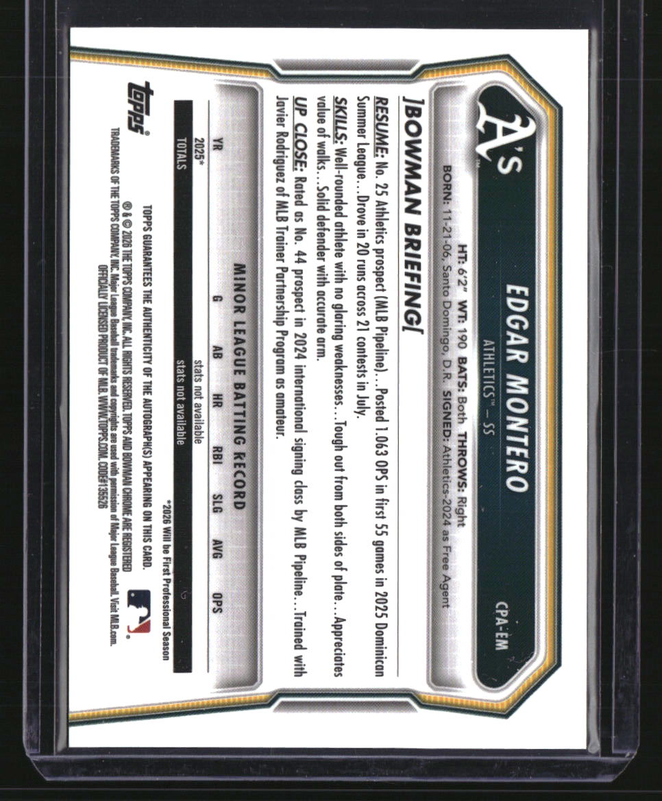 2026 Bowman Edgar Montero Chrome Prospect Autographs