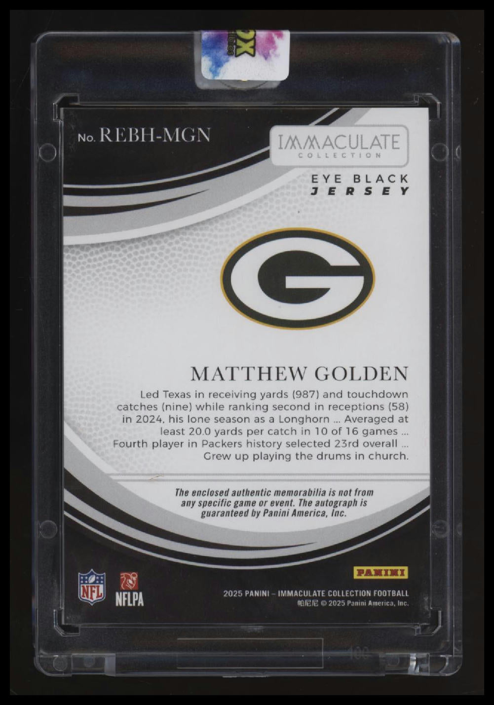2025 Panini Immaculate Collection Matthew Golden Rookie Eye Black Jersey #/99