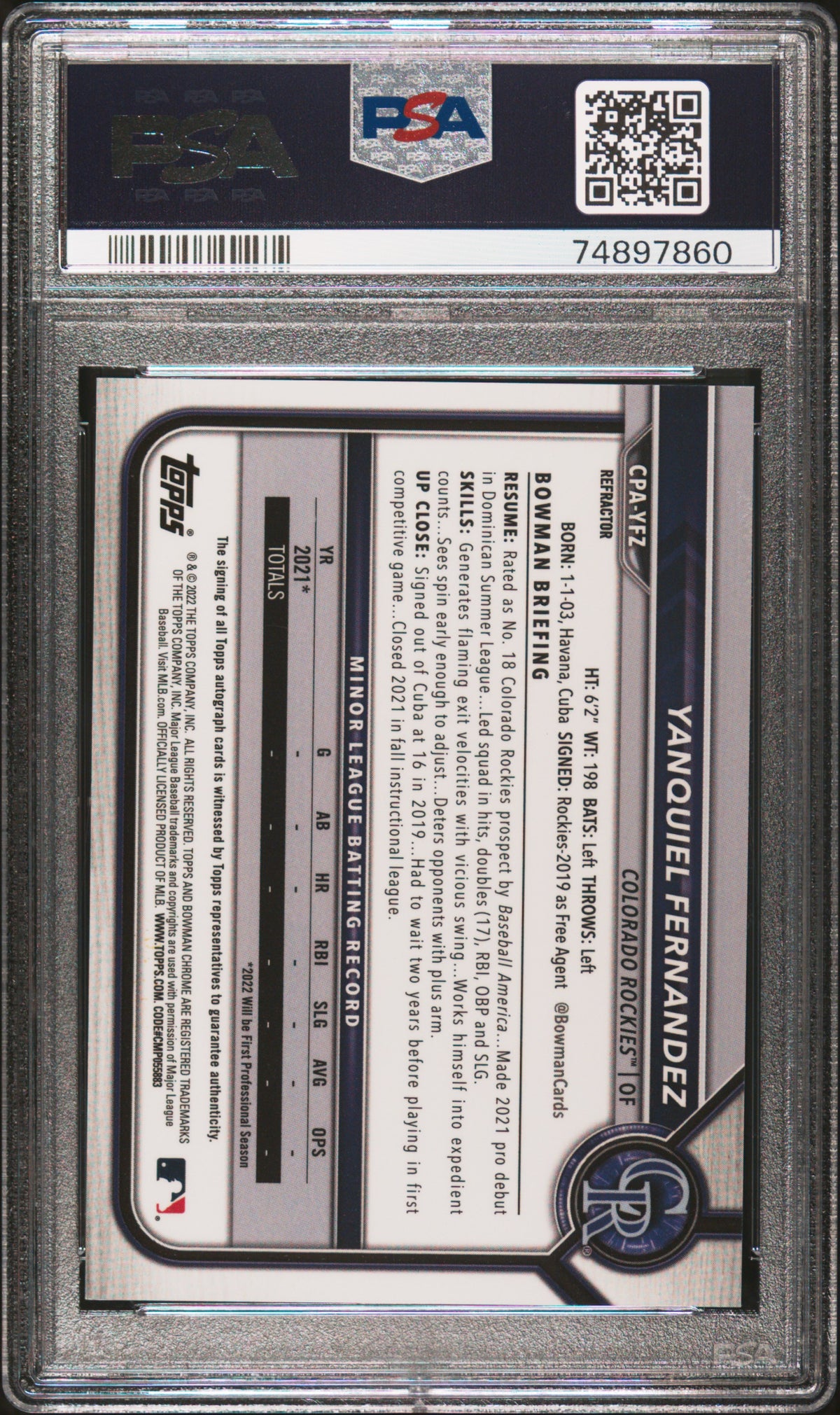 2022 Bowman Chrome #CPAYFZ Yanquiel Fernandez Pros.Auto-Refractor PSA 9