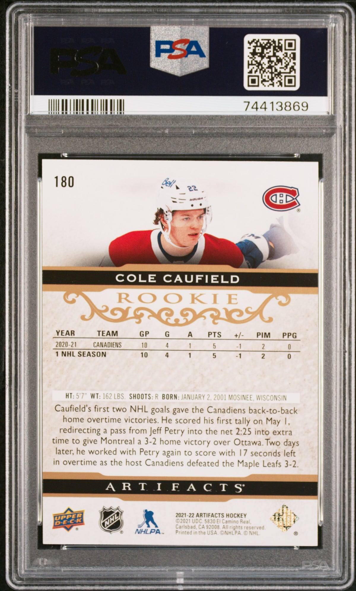 2021 Upper Deck Artifacts Cole Caufield Rose Gold PSA 10