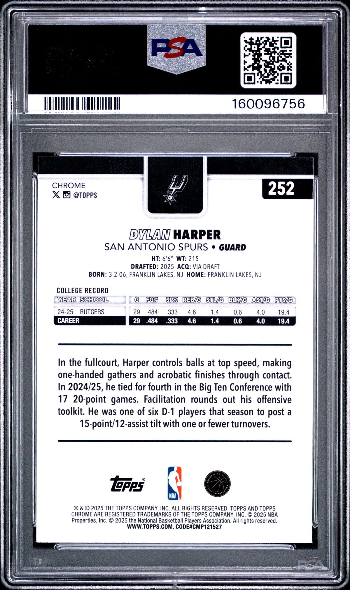 2025 Topps Chrome Dylan Harper Refractor PSA 10