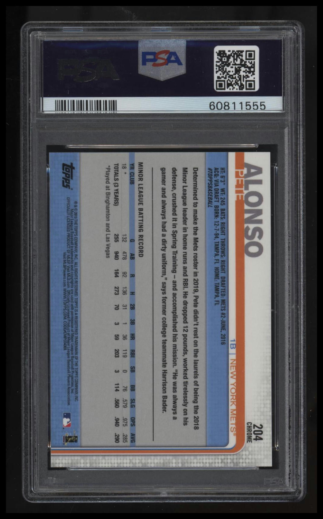 2019 Topps Chrome Pete Alonso PSA 10