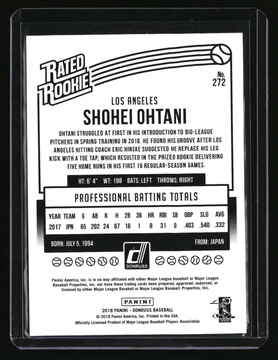 2018 Panini Chronicles Shohei Ohtani 2018 Donruss Rated Rookies