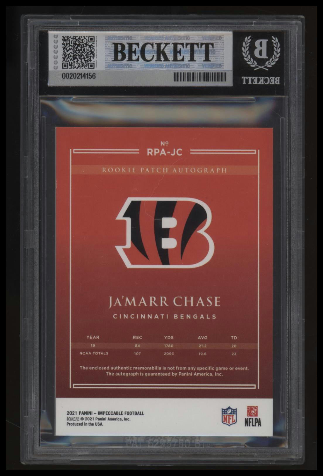 2021 Panini Impeccable Rookie Patch Autographs Ja'Marr Chase/99 EXCH BGS 8.5