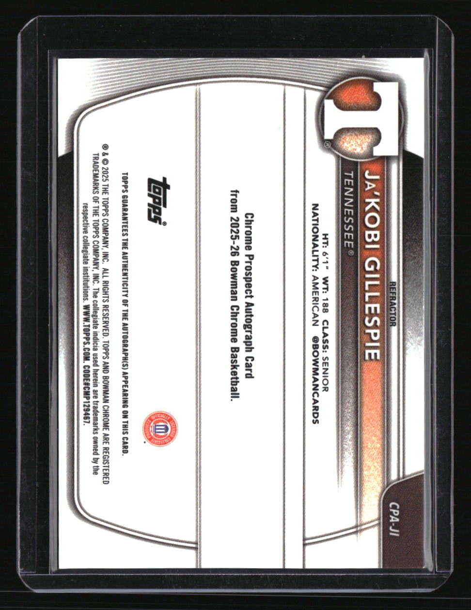 2025-26 Bowman Ja'Kobi Gillespie Chrome Prospect Autographs Refractor #/499