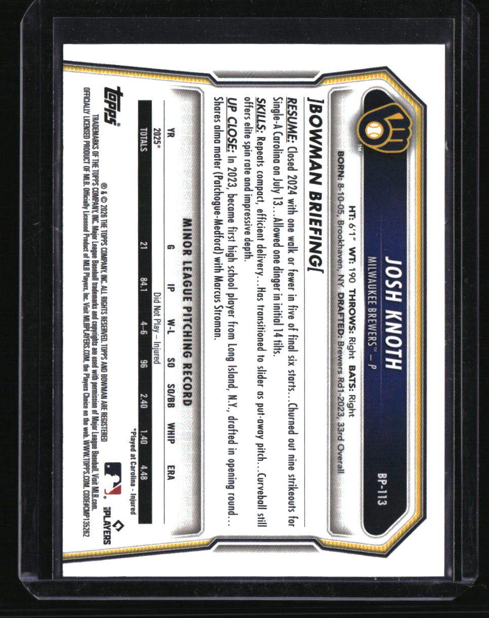 2026 Bowman Josh Knoth Prospects Red #/5