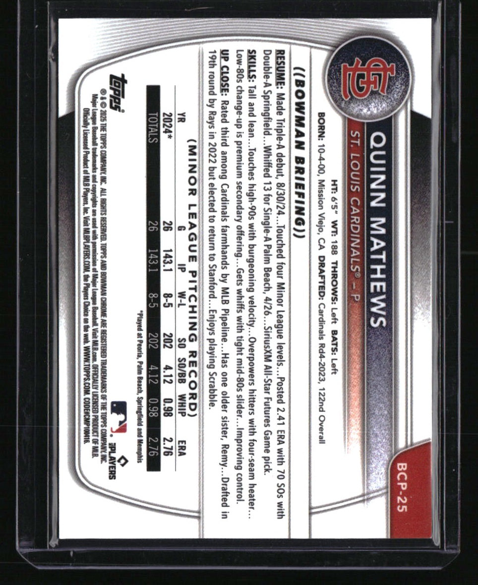 2025 Bowman Quinn Mathews Chrome Prospects Green Grass Refractor #/99