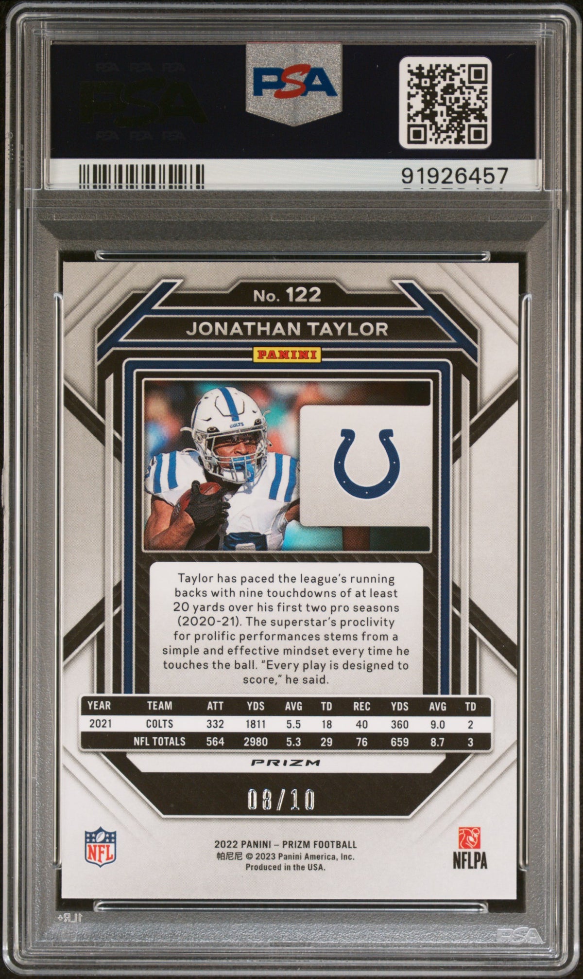 2022 Panini Prizm Jonathan Taylor Gold Shimmer PSA 8