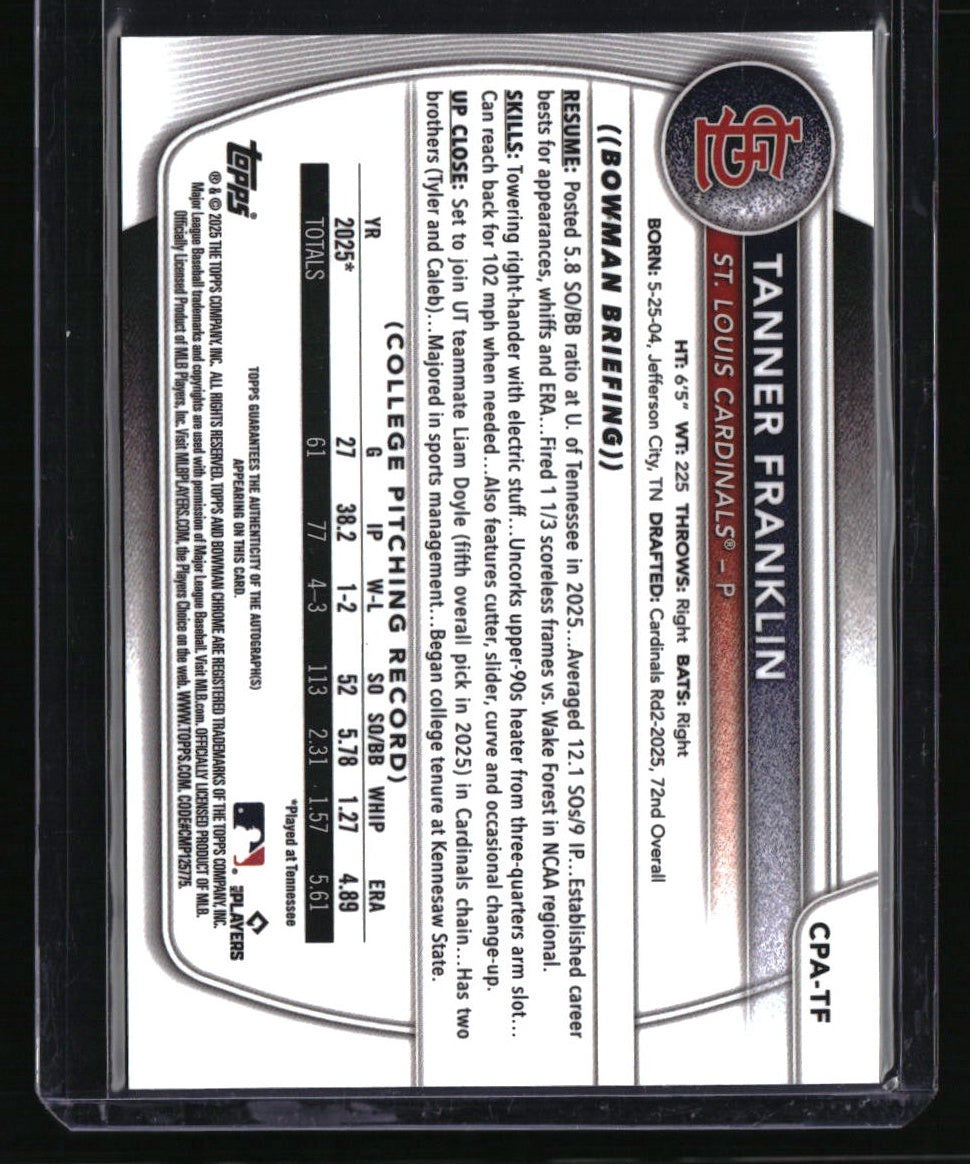 2025 Bowman Draft Tanner Franklin Chrome Prospect Autographs