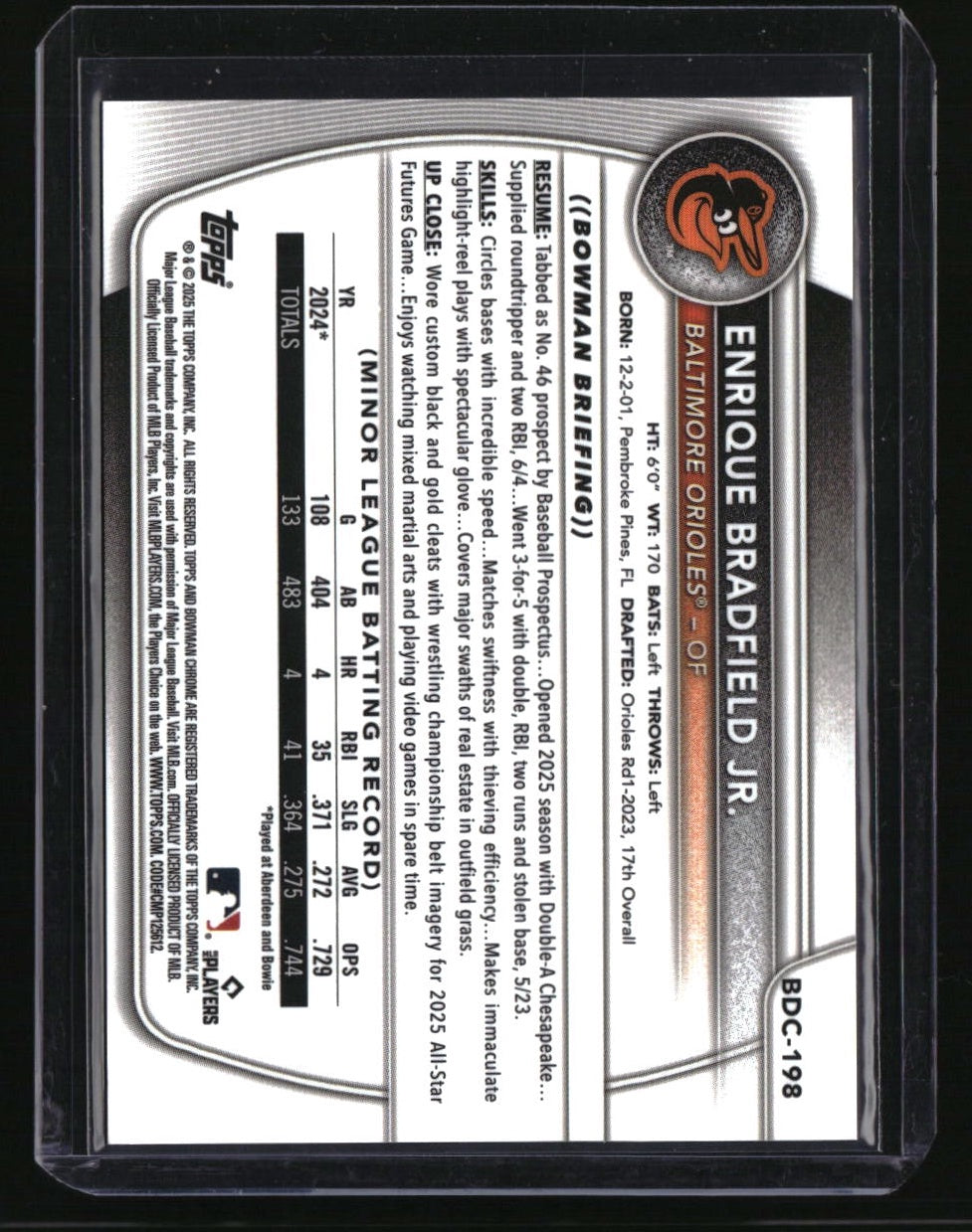 2025 Bowman Draft Sapphire Edition Enrique Bradfield Jr. Orange #/25