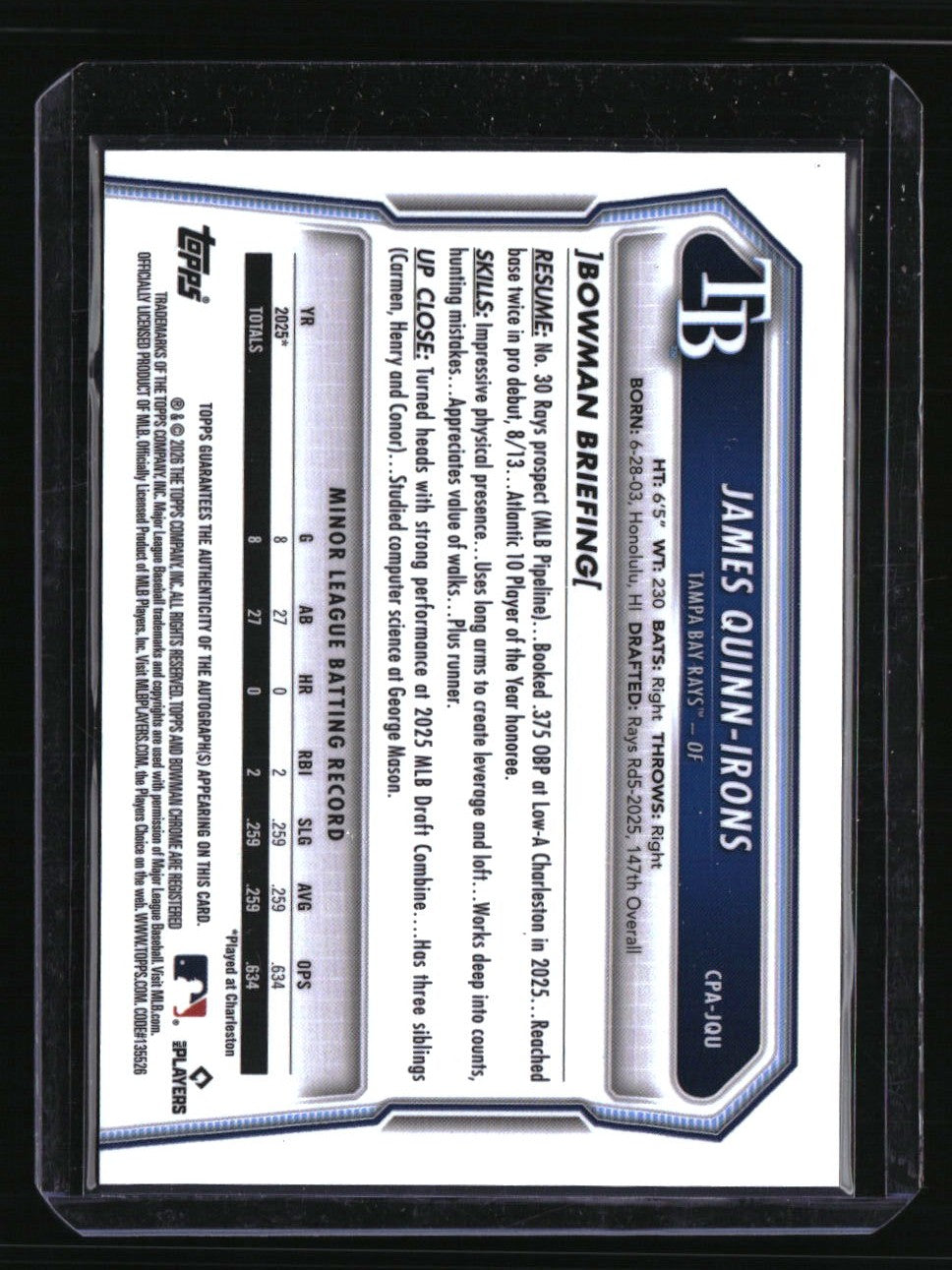 2026 Bowman James Quinn-Irons Chrome Prospect Auto Mini Diamond #/100