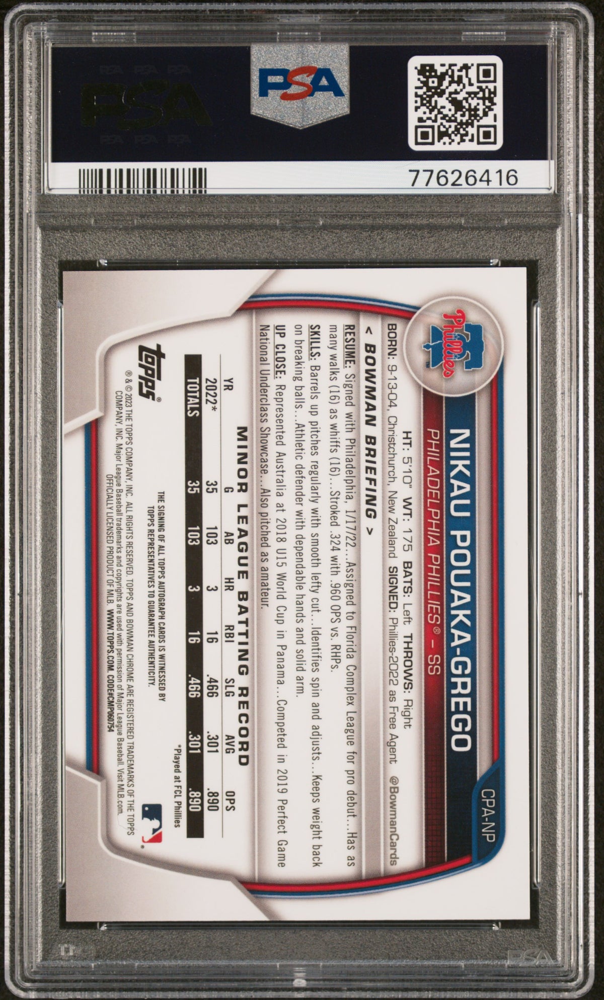 2023 Bowman Chrome Prospect Autographs Nikau Pouaka-Grego Speckle Ref PSA 10