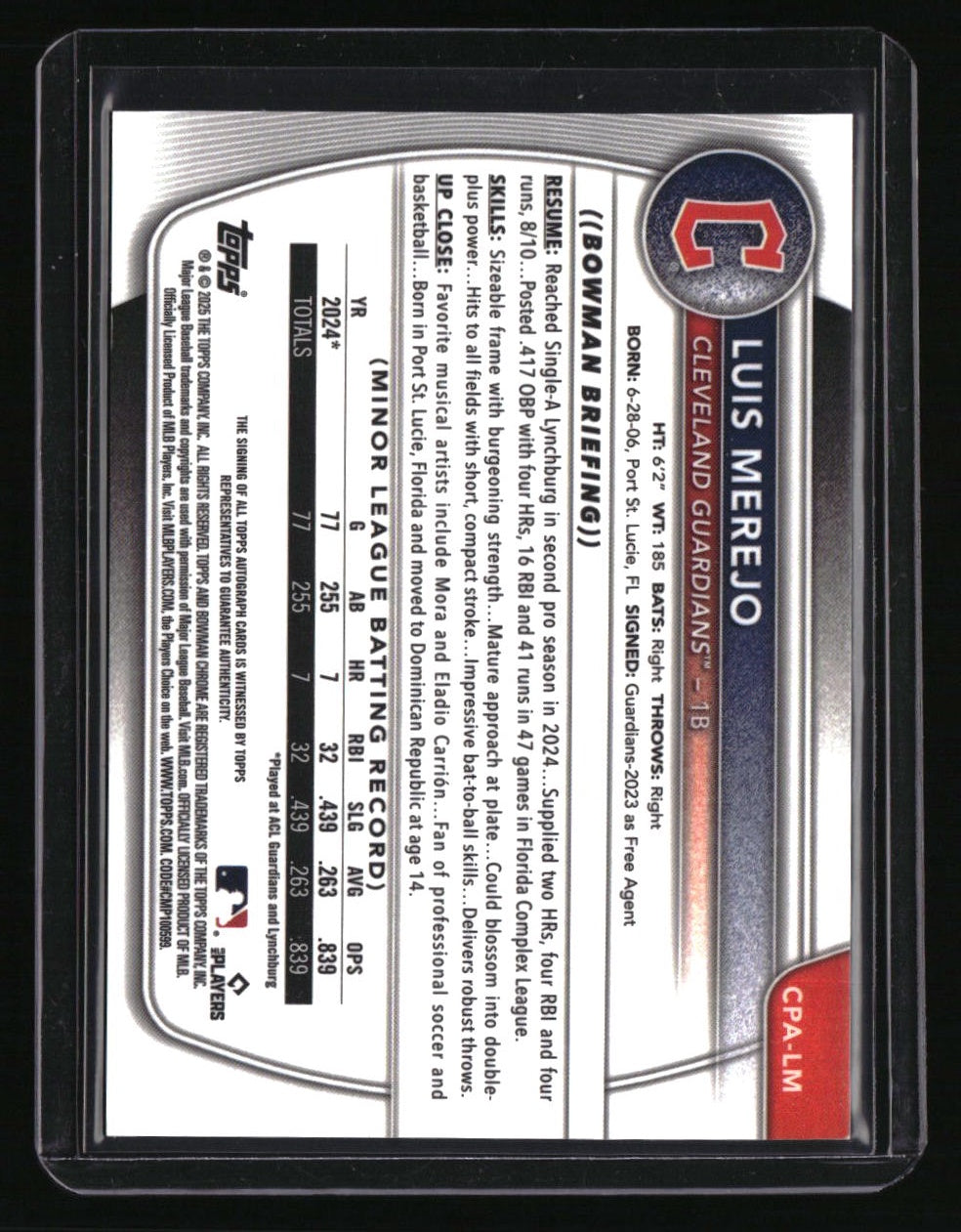 2025 Bowman Luis Merejo Chrome Prospects Autographs Purple Refractor #/250