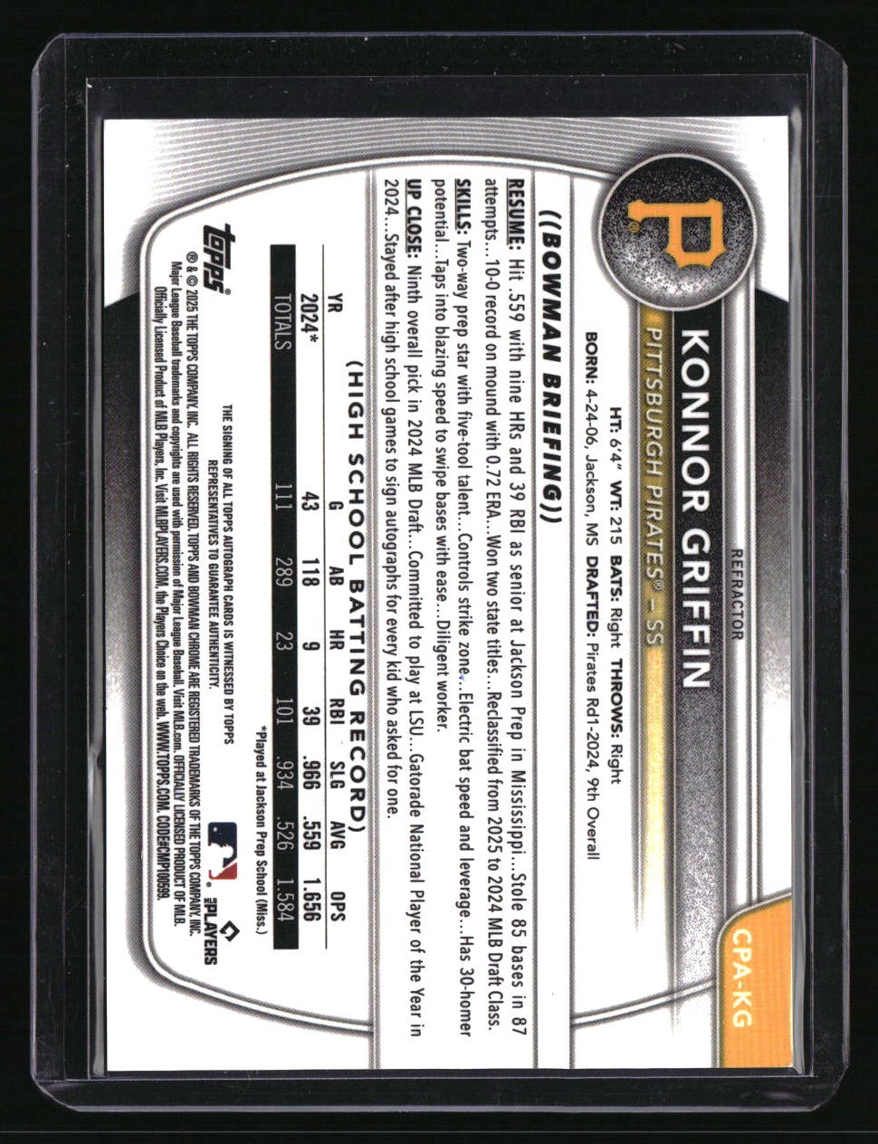 2025 Bowman Konnor Griffin Chrome Prospects Autographs Refractor #/499