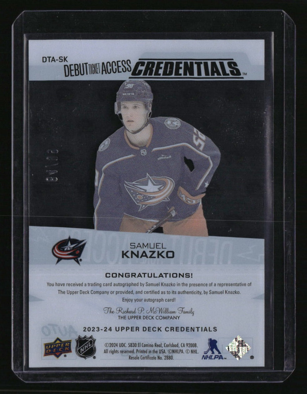 2023-24 Credentials Samuel Knazko Debut Ticket Access Acetate Auto #/99